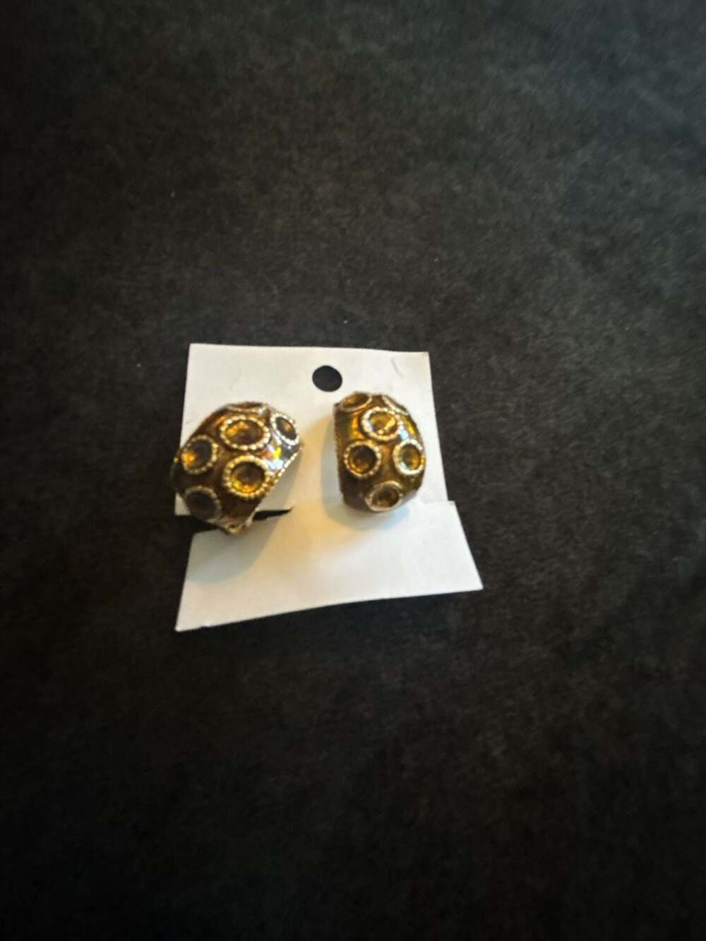 Vintage Cookie Lee Gold-Tone Dome Clip-On Earrings with Amber Crystal Accents